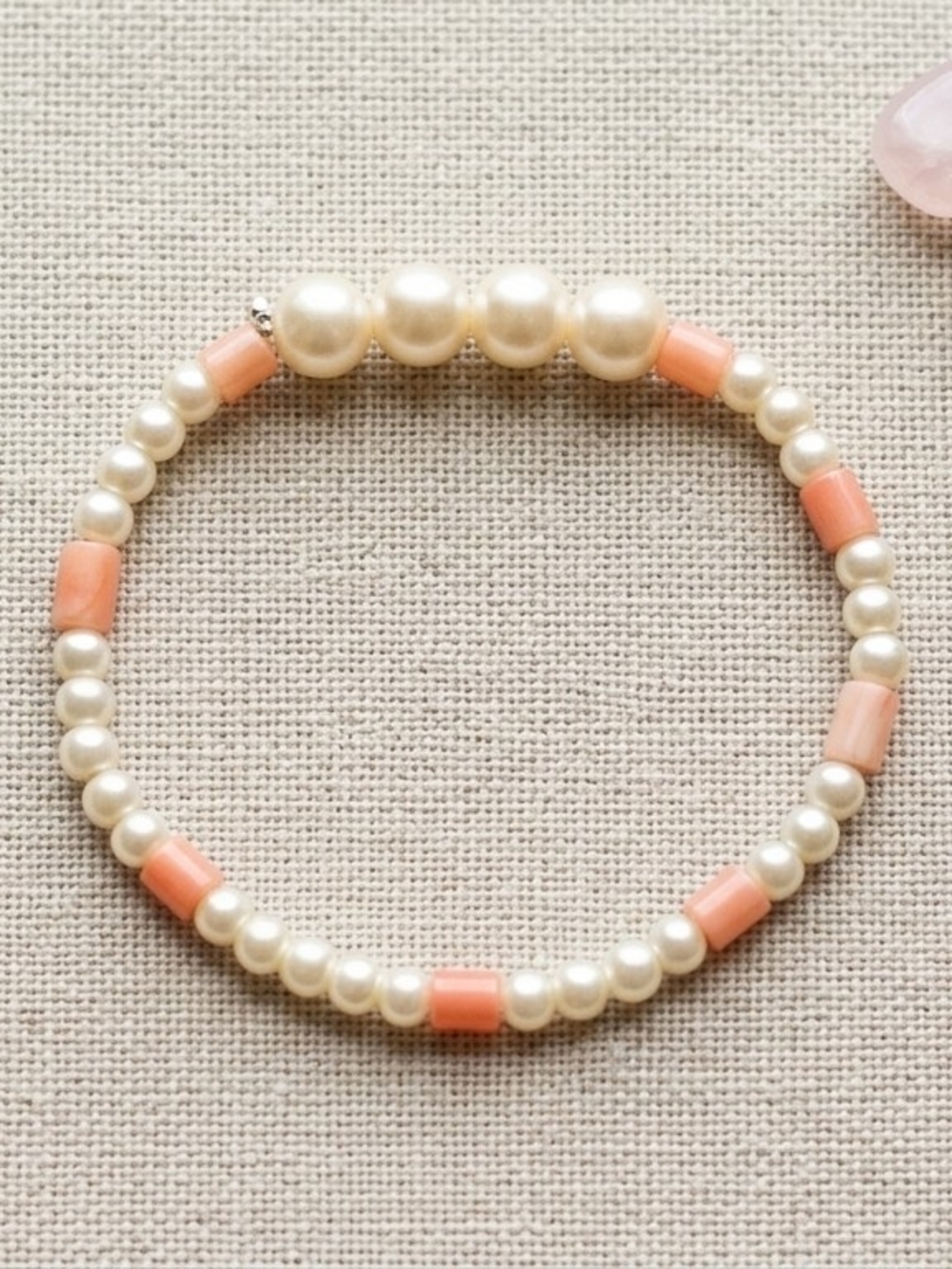 Pearl and Coral Bead Stretch Bracelet - Cream and Coral